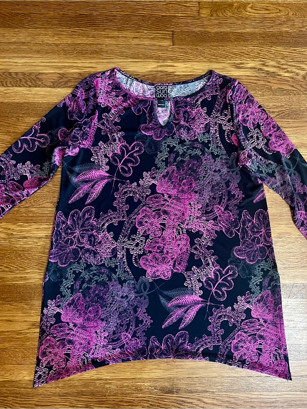 Clara Sun Woo M knit top purple fairy tunic asymmetrical dark floral 3/4 sleeves